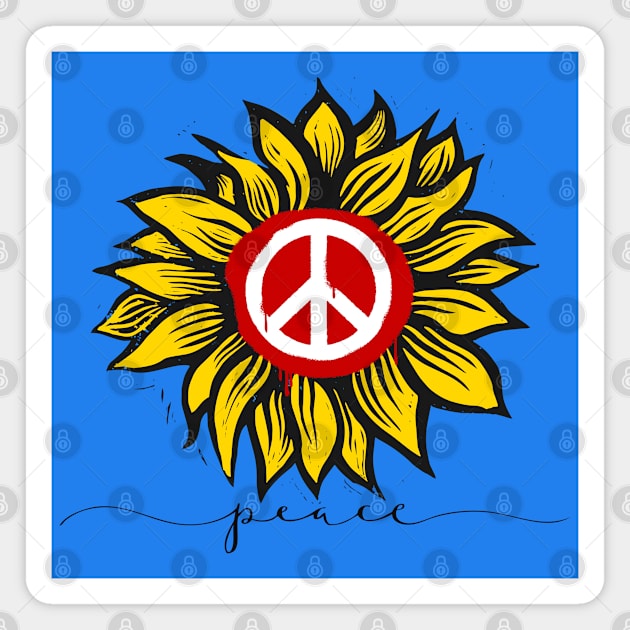 Peace for Ukraine! with Ukraine's National Sunflower and Peace Symbol Magnet by Puff Sumo